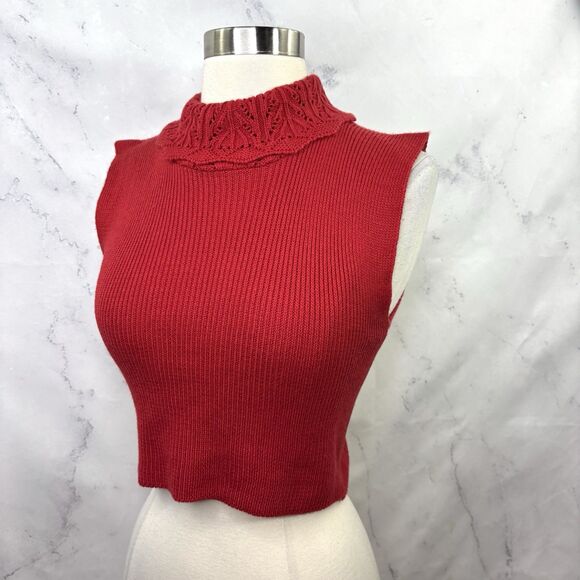 Vtg y2k Ribbed Knit Red Cropped Turtleneck Sweater Sleeveless Crochet S Retro - Picture 2 of 14